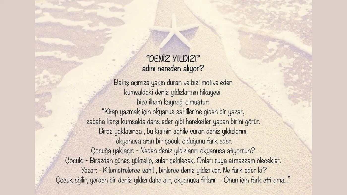 Deniz Yıldızı adını nereden alıyor: kumsalda deniz yıldızlarını okyanusa geri atan çocuğun hikâyesi. Yazar, binlerce deniz yıldızı varken ne fark edeceğini sorar; çocuk bir tanesini daha denize atar ve onun için fark ettiğini söyler.